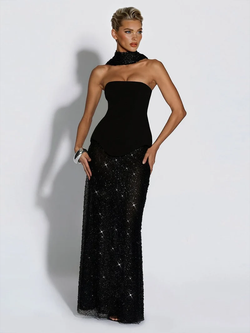 Elegant Strapless Sequin Skirt And Shawl Two-Piece Set