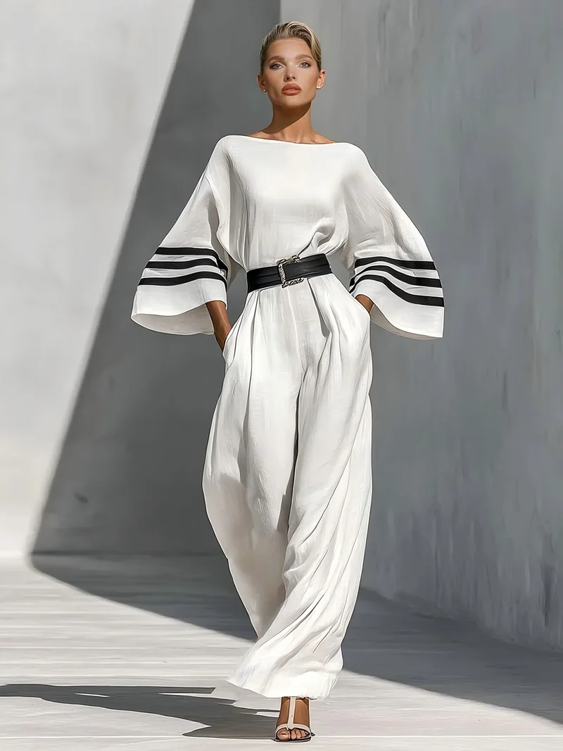 Minimalist Striped Tie-Waist Bell-Sleeve Jumpsuit