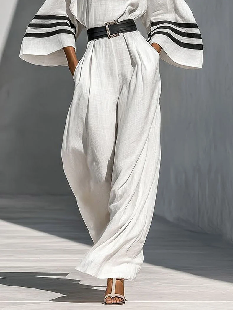 Minimalist Striped Tie-Waist Bell-Sleeve Jumpsuit