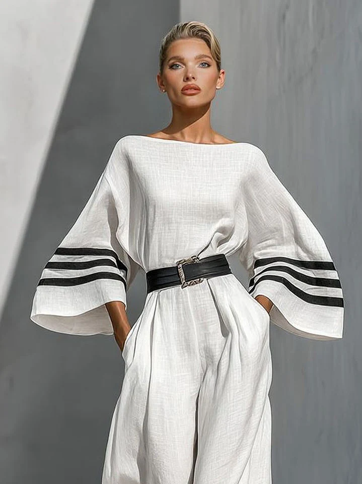 Minimalist Striped Tie-Waist Bell-Sleeve Jumpsuit