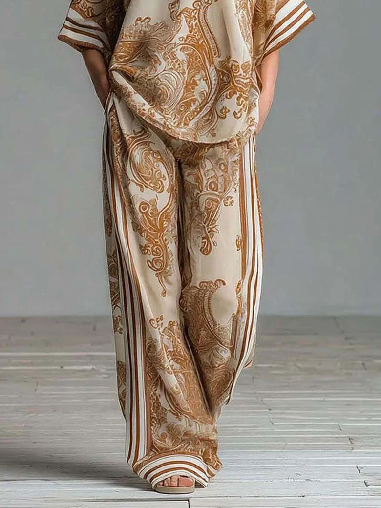 Bohemian Paisley Print Top & Wide-Leg Pants Two-Piece Set