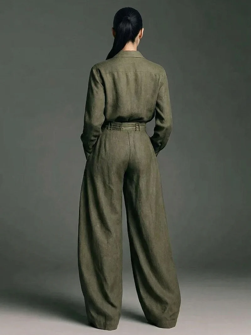 Casual Long-Sleeve Shirt & Wide-Leg Pants Two-Piece Set
