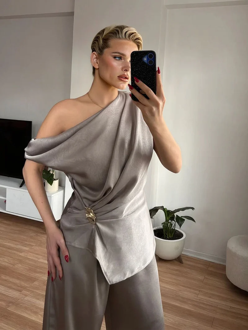 Elegant Satin One-Shoulder Draped Top & Wide-Leg Pants Two-Piece Set
