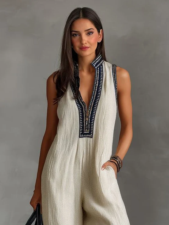 Casual Sleeveless Color-block Jumpsuit