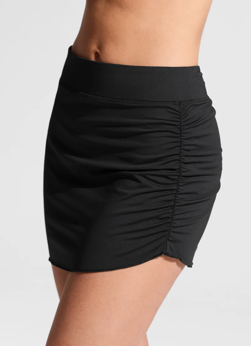 High Rise Asymmetric Side Ruched Swim Skirt