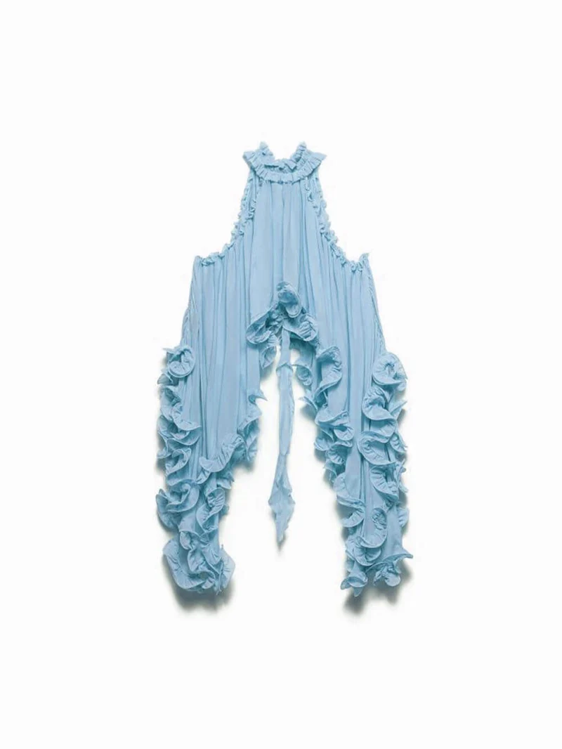 Exquisite Chiffon Ruffle Backless Asymmetric Top & Elastic Waist Relaxed Shorts Set