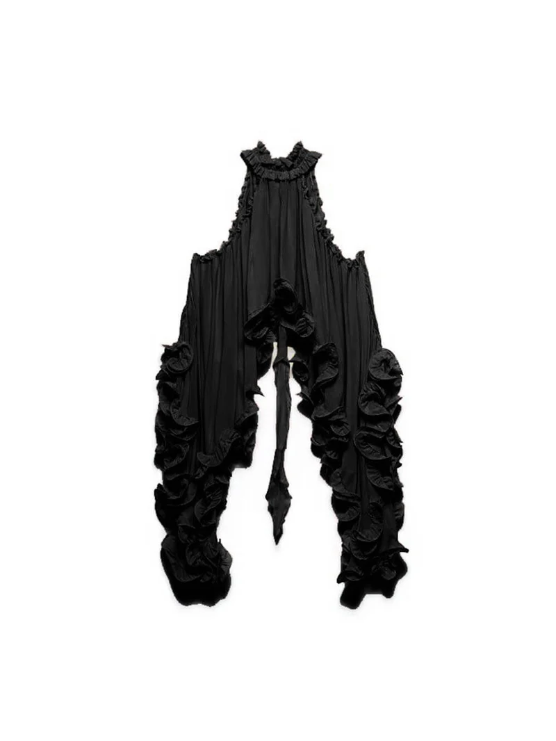 Exquisite Chiffon Ruffle Backless Asymmetric Top & Elastic Waist Relaxed Shorts Set