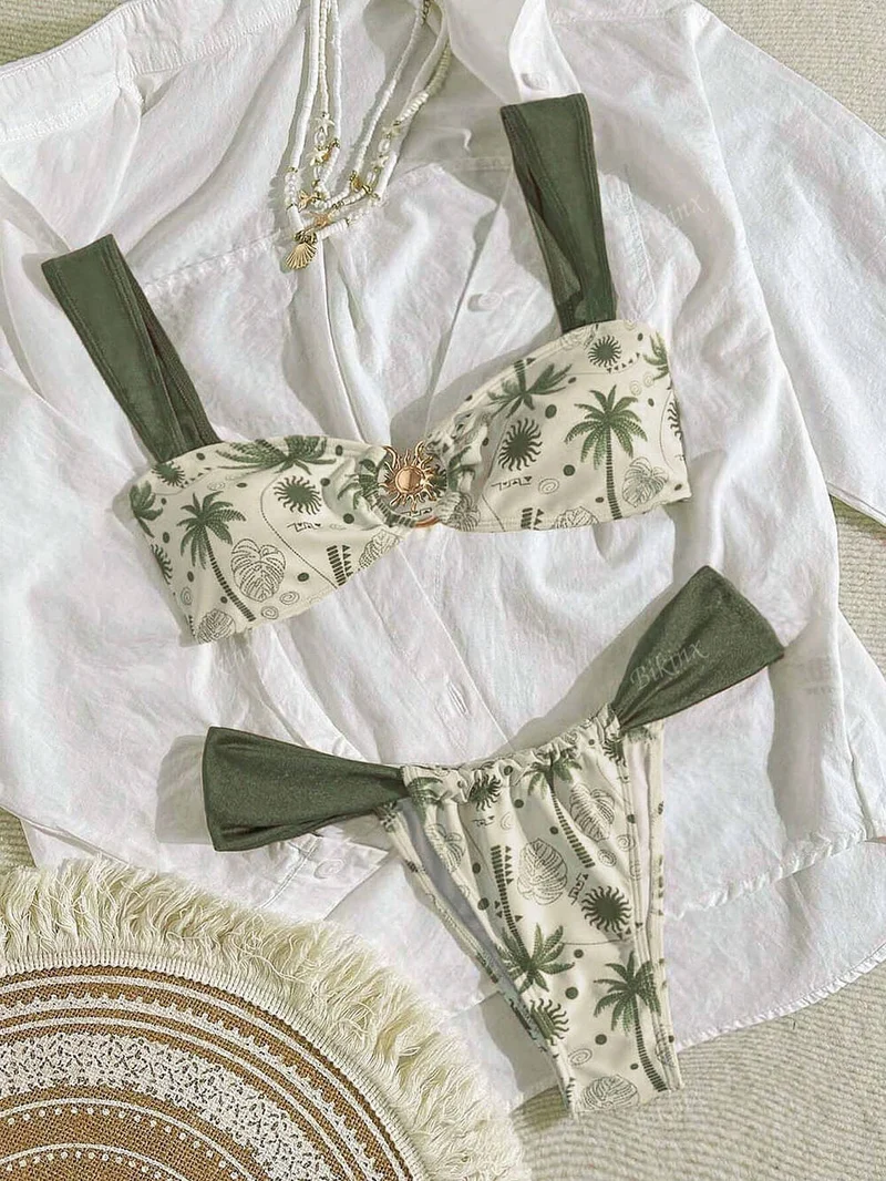 Sexy and Stylish Printed Gathered Drawstring Two-Piece Bikini Set