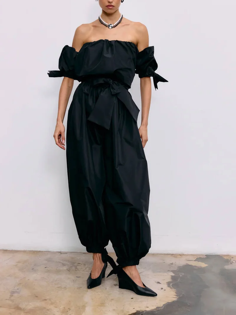 Exquisite Strapless Top And High-Waist Tie Lantern Pants Set