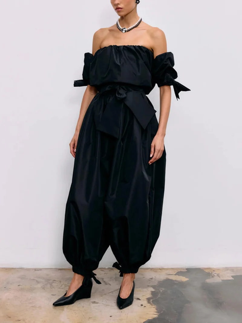 Exquisite Strapless Top And High-Waist Tie Lantern Pants Set