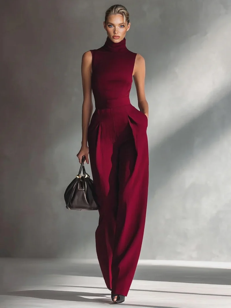 Casual Sleeveless High-Neck Wide-Leg Jumpsuit