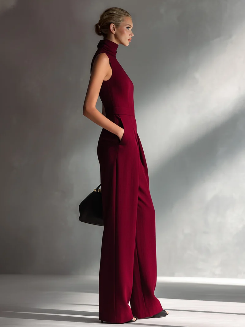 Casual Sleeveless High-Neck Wide-Leg Jumpsuit