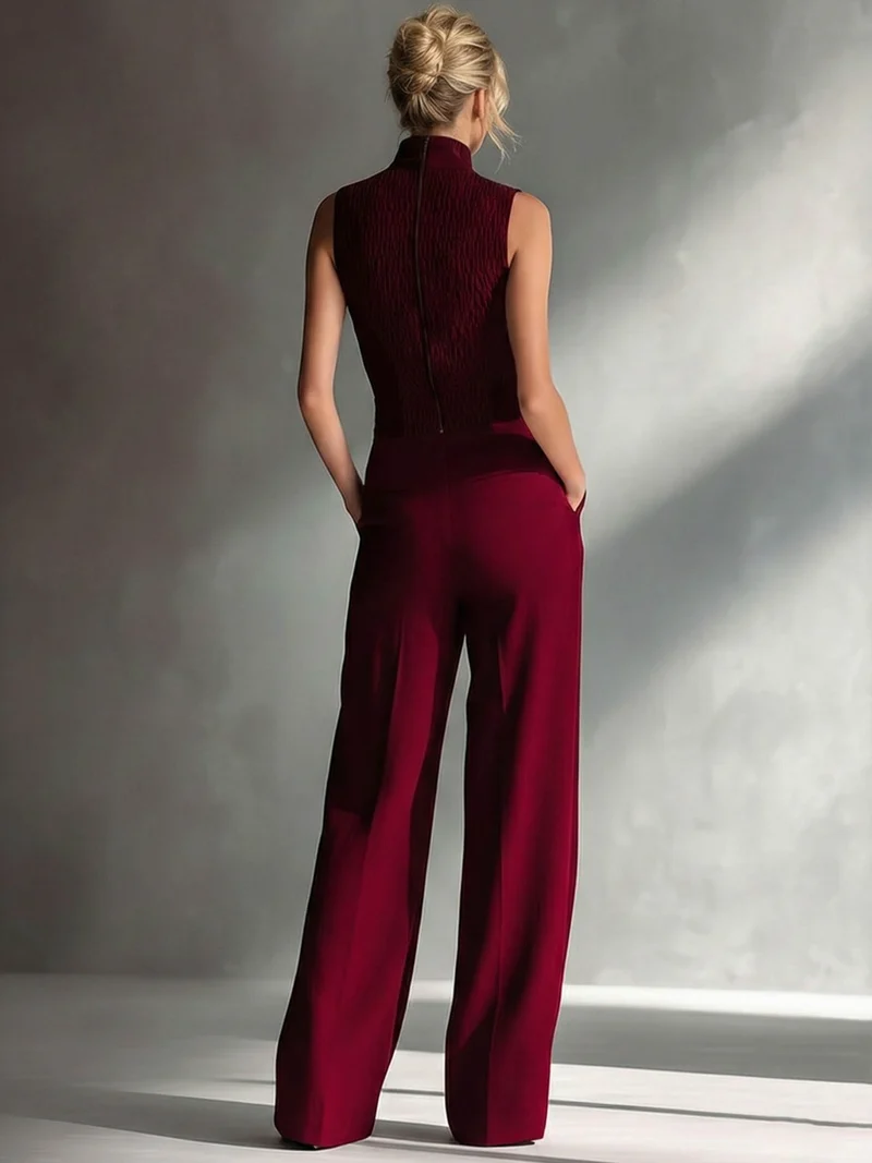Casual Sleeveless High-Neck Wide-Leg Jumpsuit