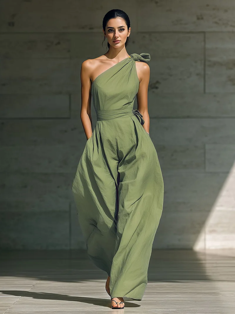 Casual One-Shoulder Tie-Strap Wide-Leg Jumpsuit