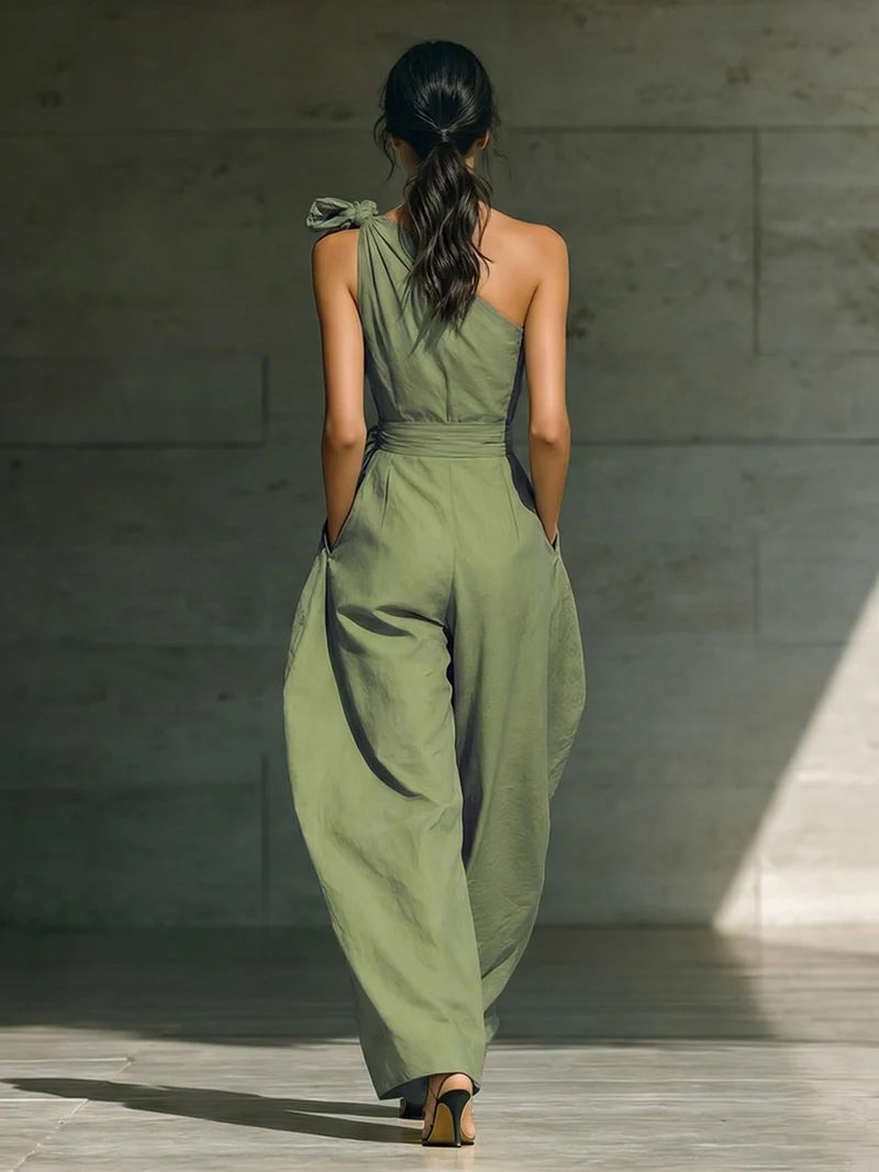 Casual One-Shoulder Tie-Strap Wide-Leg Jumpsuit