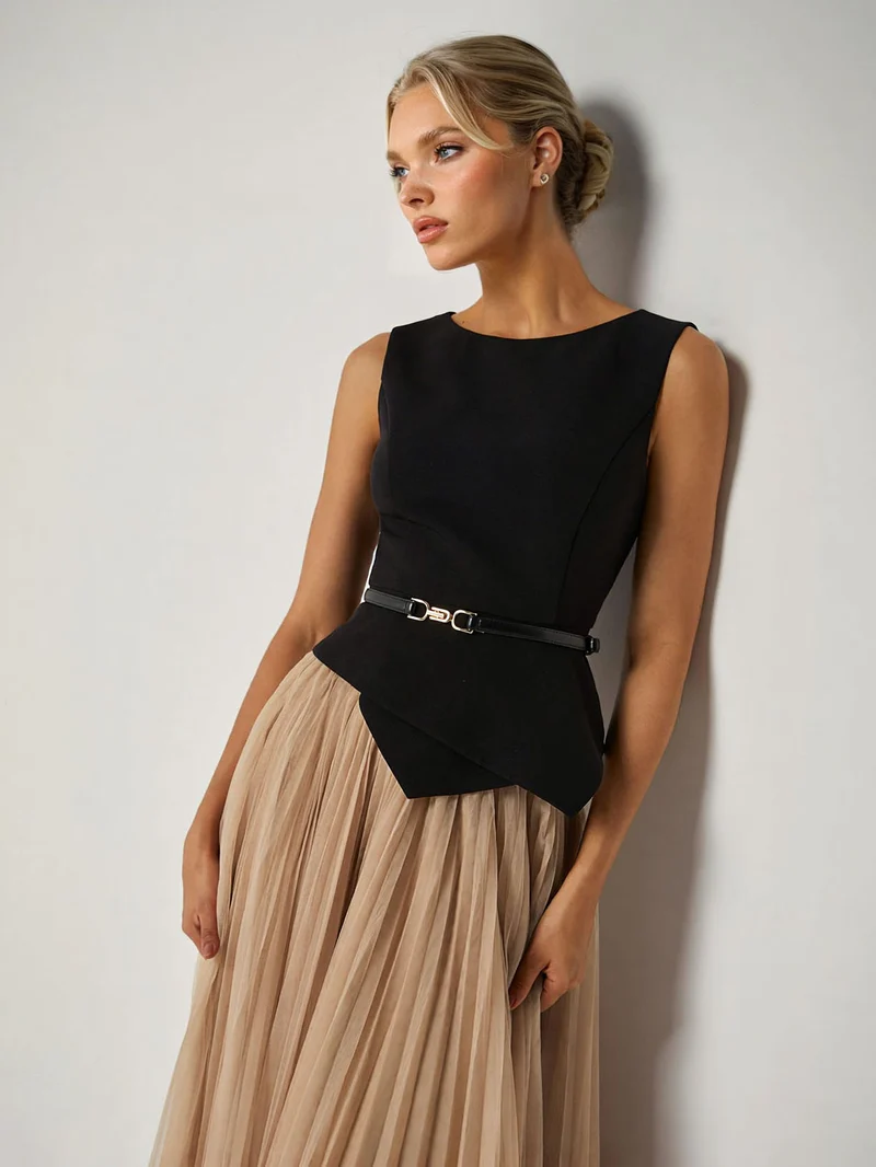 Elegant Asymmetrical Boat Neck Top & Skirt Two-Piece Set