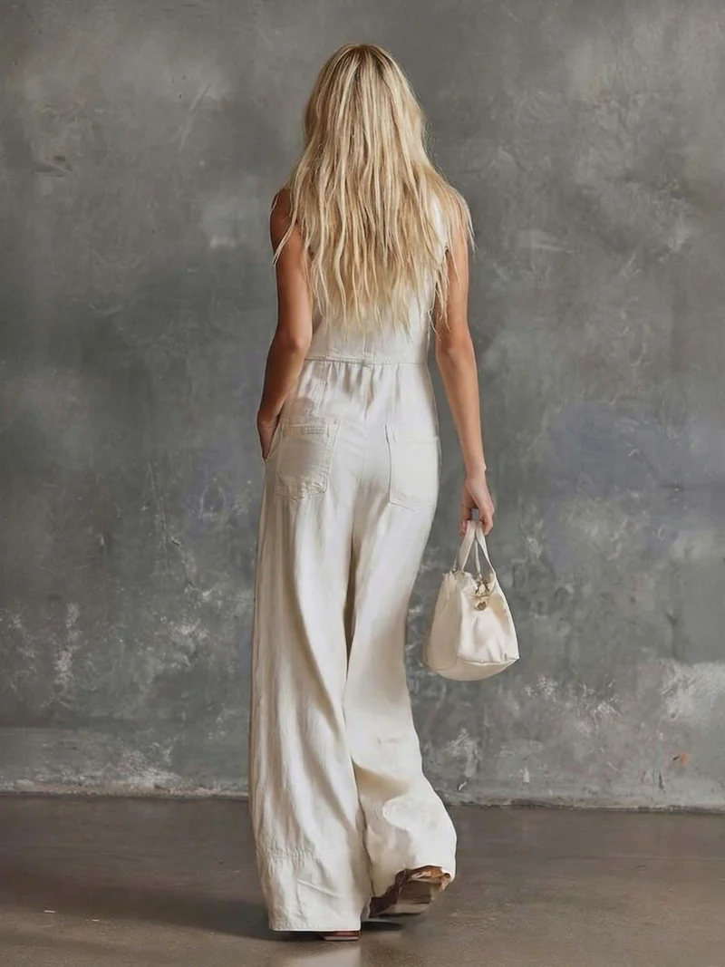 Resort Style Sleeveless Button-Up Wide-Leg Jumpsuit