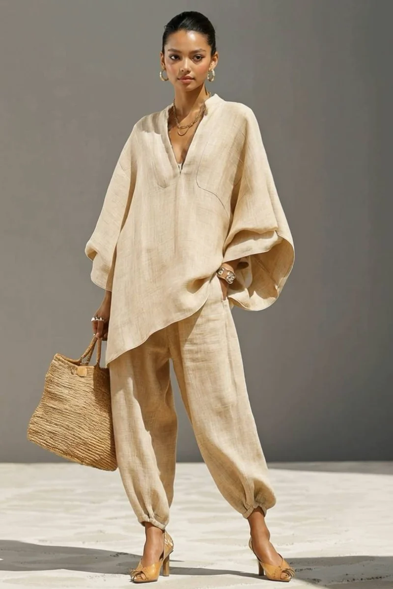Vertical Collar Loose Shirt And Pants Set