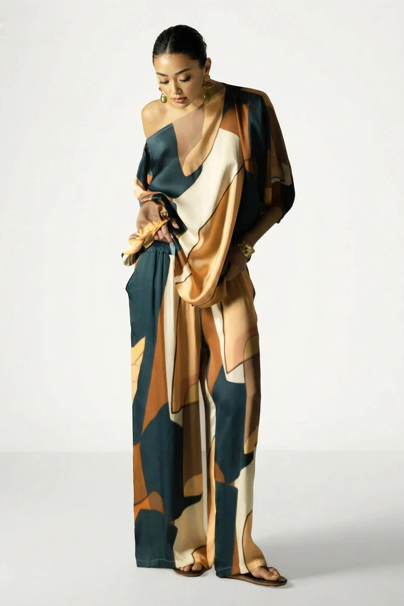 Geometric Print Shirt And Wide Leg Pants Set