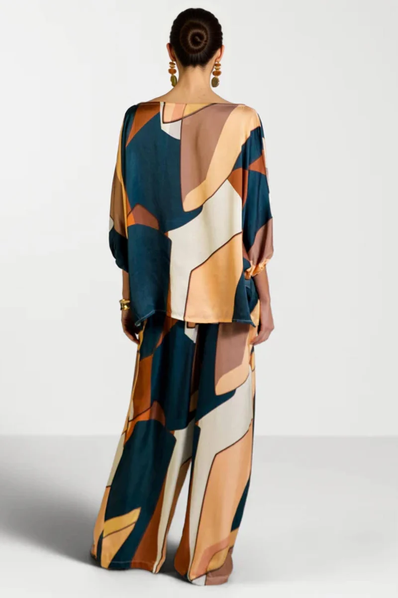 Geometric Print Shirt And Wide Leg Pants Set