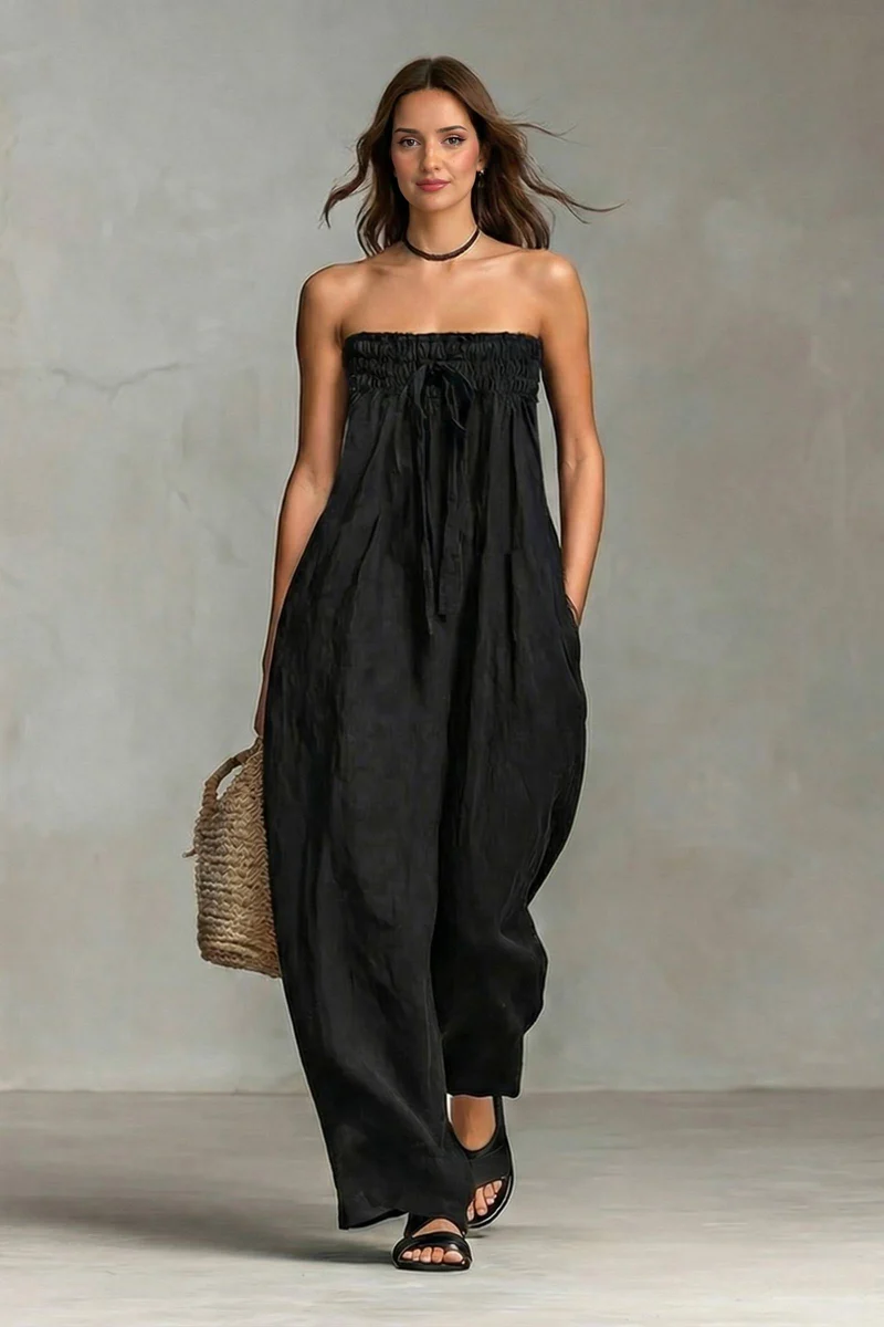 Pleated Design Strapless Jumpsuit