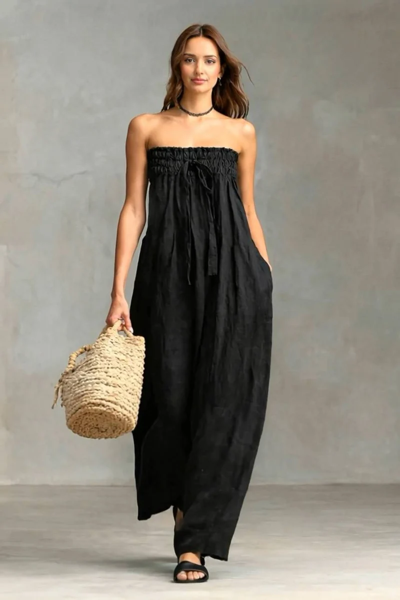 Pleated Design Strapless Jumpsuit