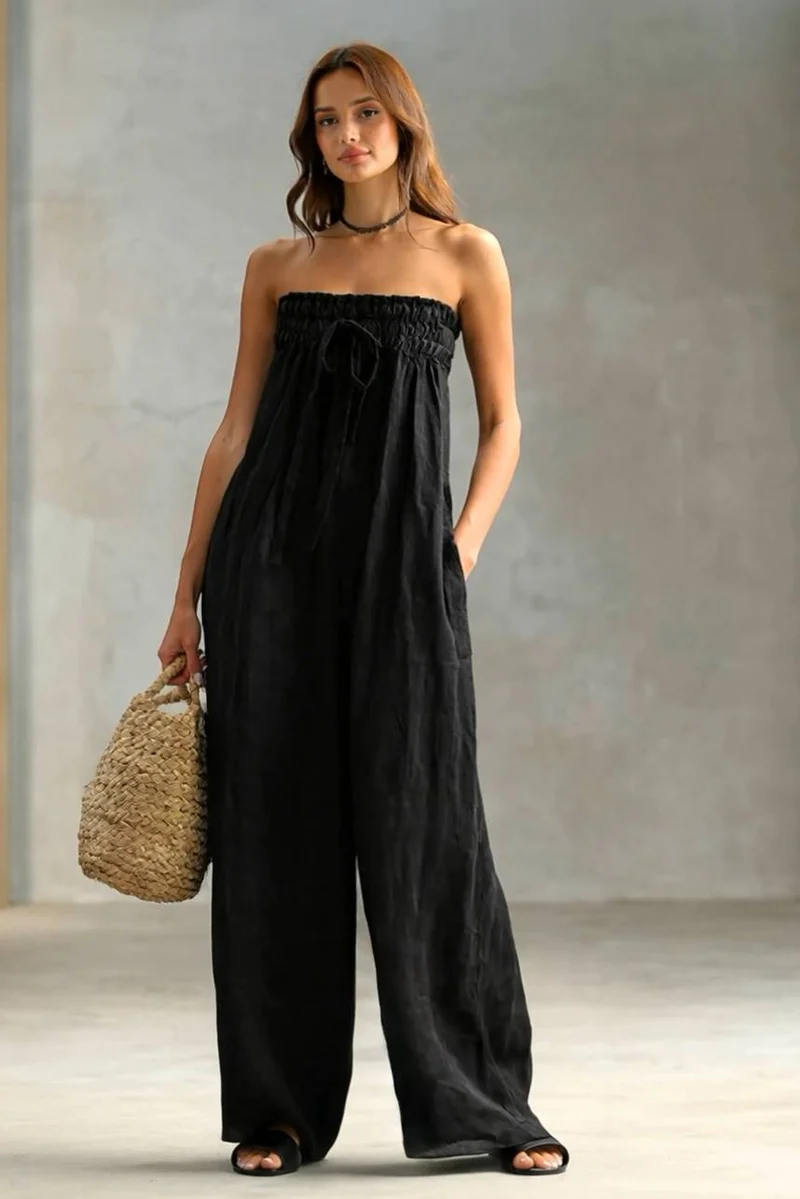 Pleated Design Strapless Jumpsuit