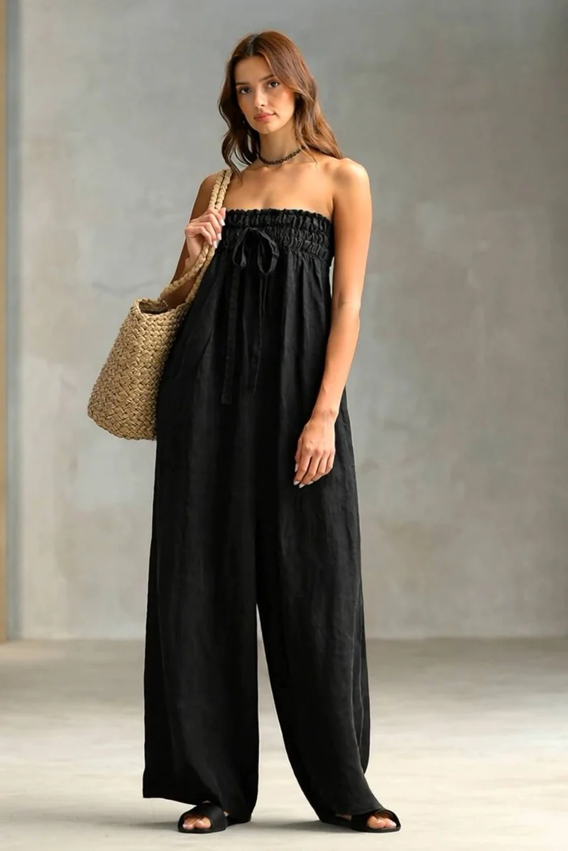 Pleated Design Strapless Jumpsuit