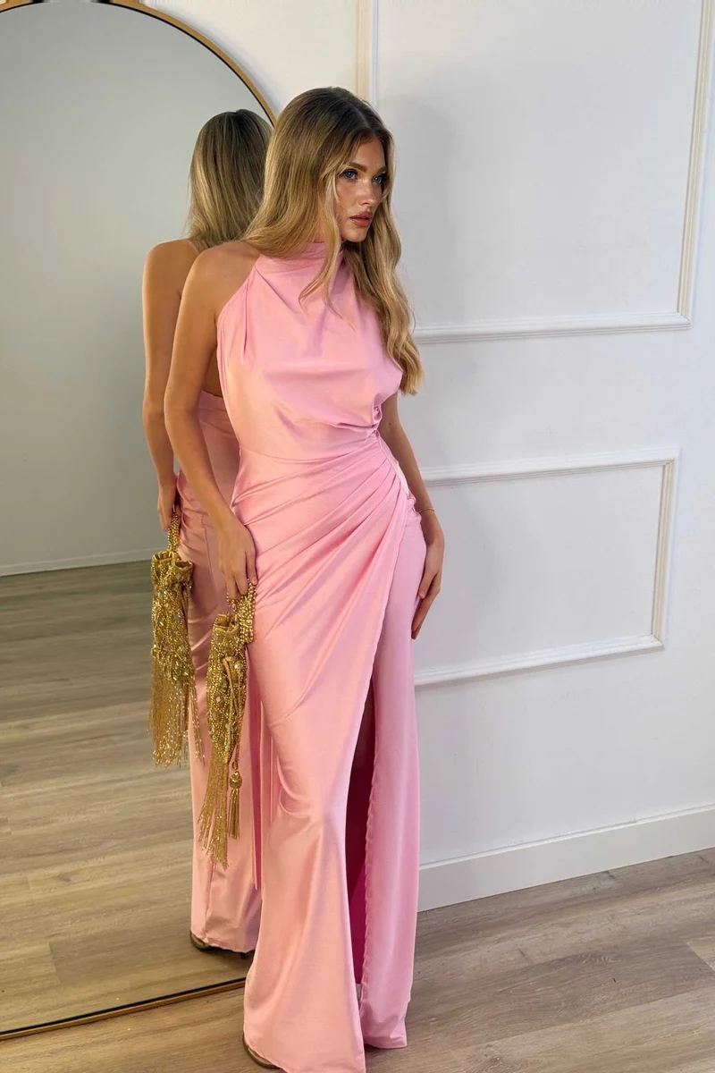 Halter-Neck Pleated Slit Maxi Dress