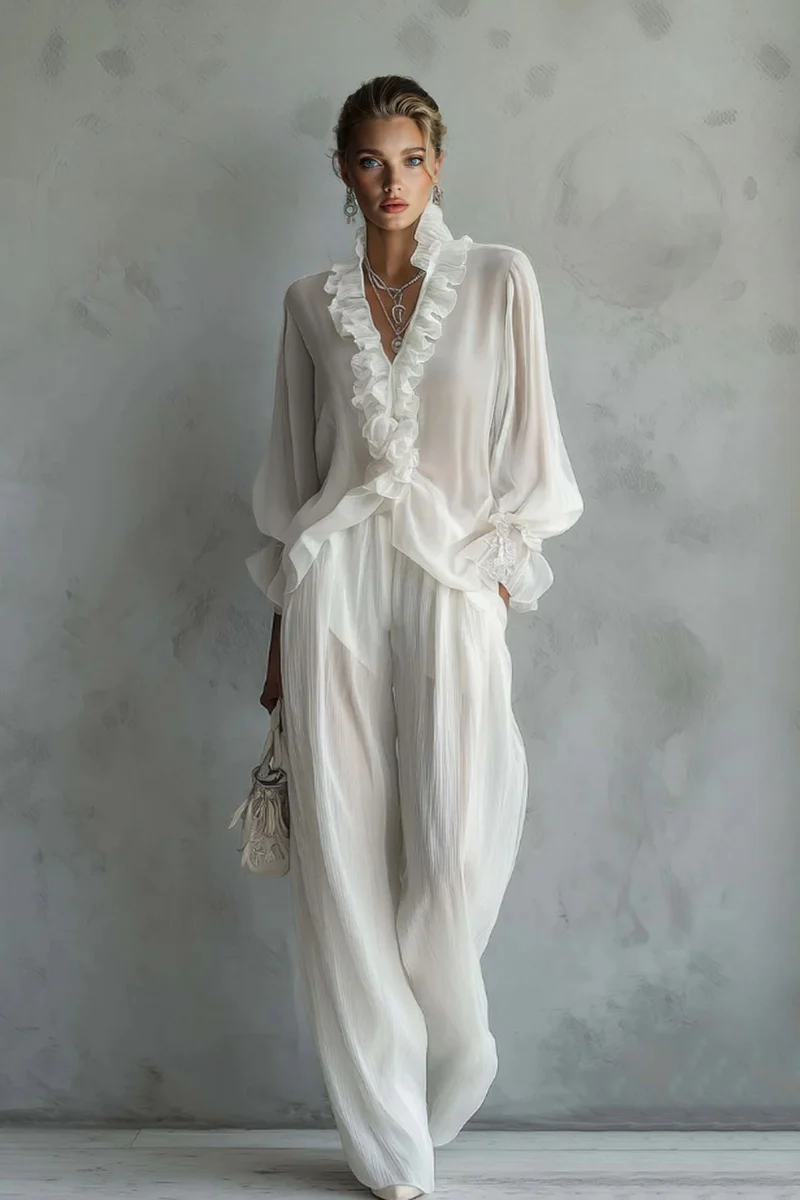 Lace Long Sleeve Shirt And Wide Leg Pants Set