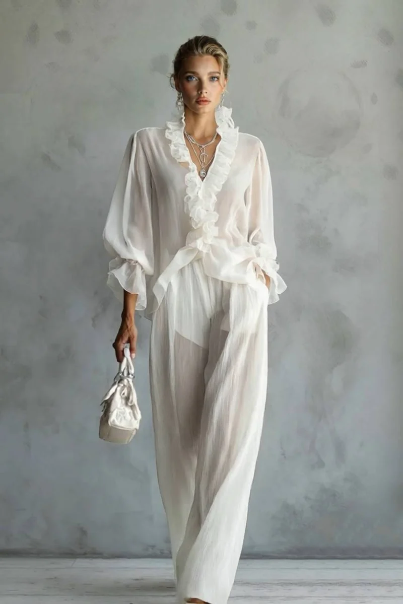 Lace Long Sleeve Shirt And Wide Leg Pants Set