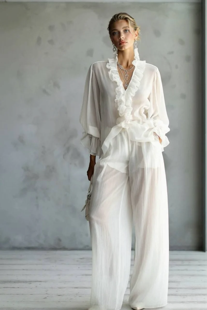 Lace Long Sleeve Shirt And Wide Leg Pants Set
