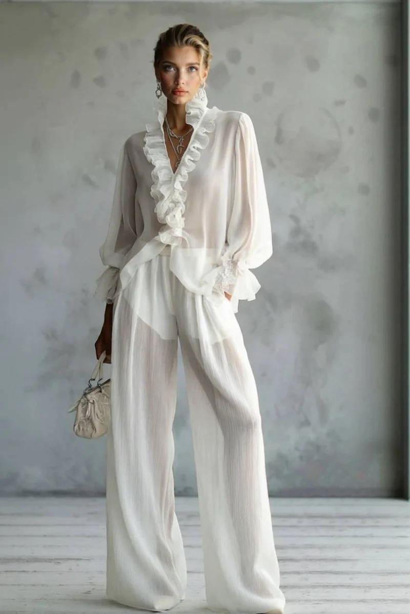 Lace Long Sleeve Shirt And Wide Leg Pants Set