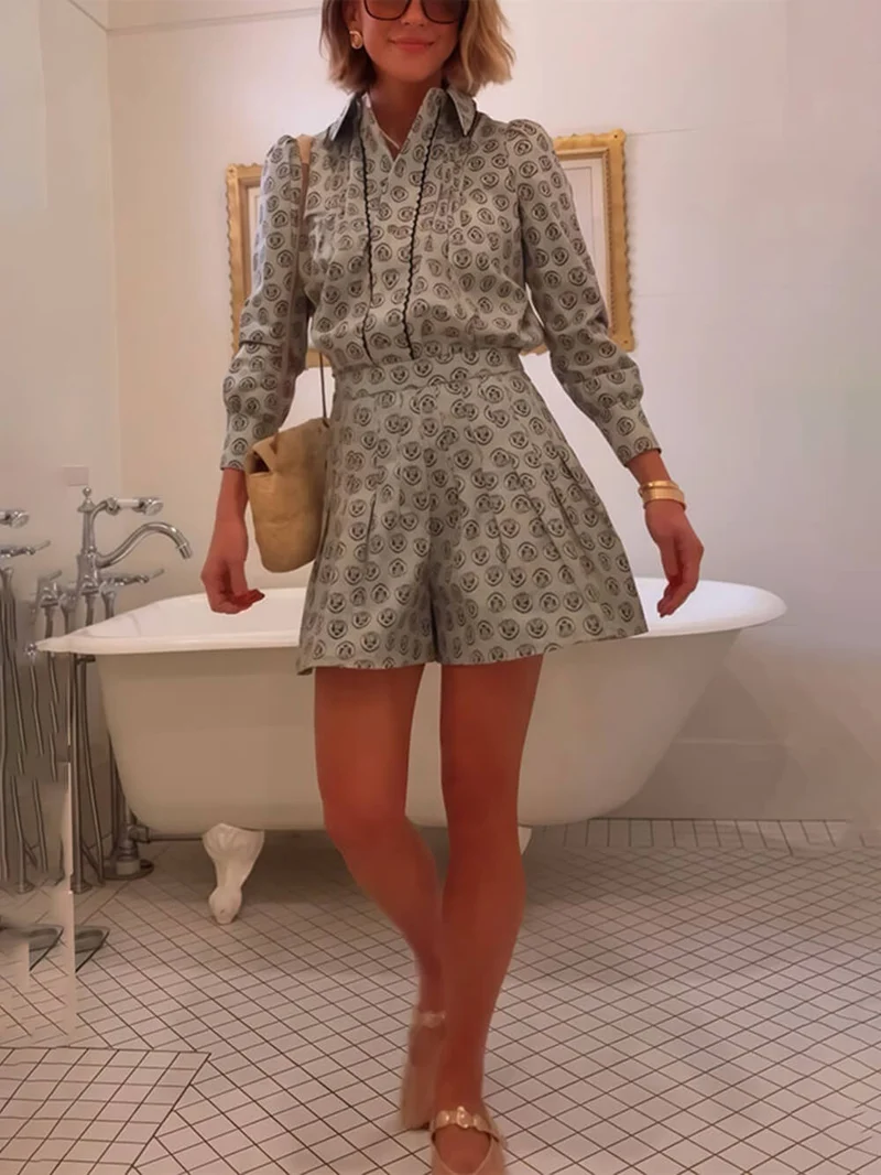 Retro Print Collared Long-Sleeve Shirt and High-Waisted Shorts Set