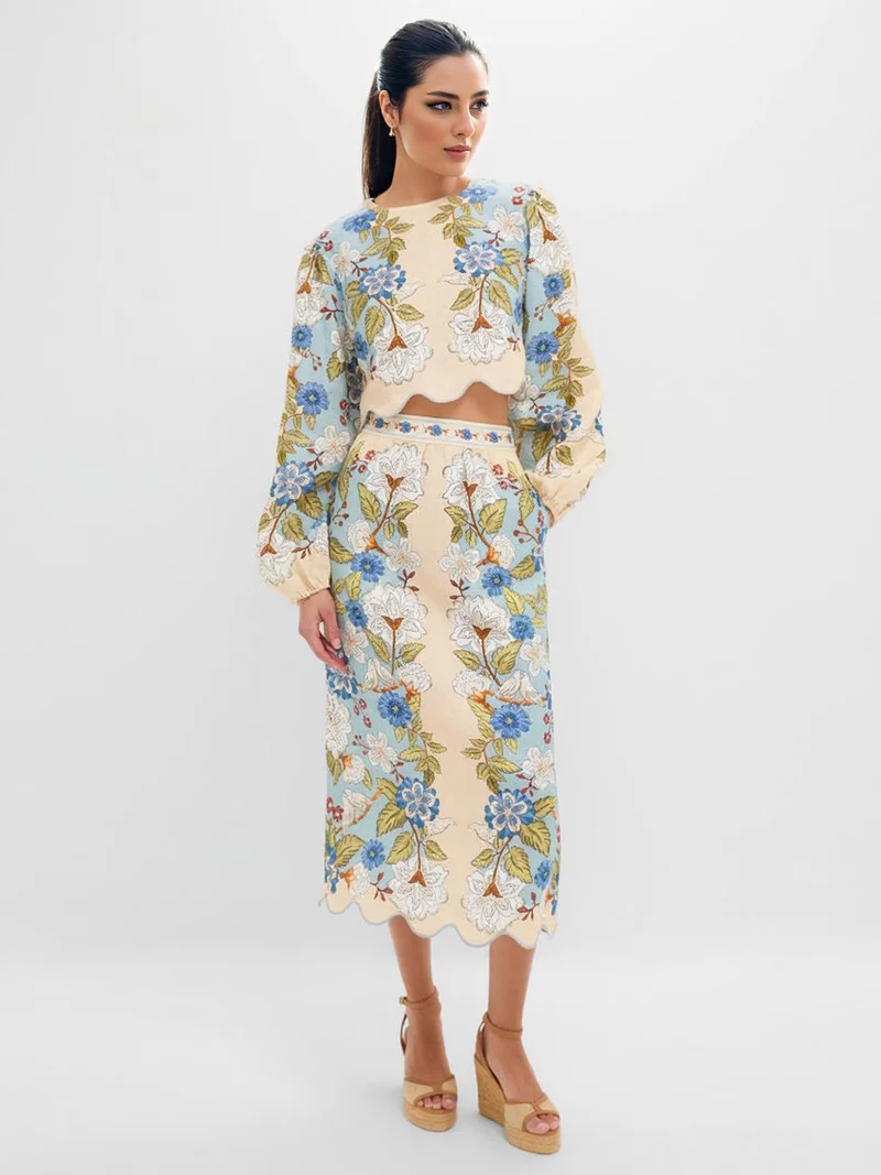 Retro Floral Embroidered Crop Top & Midi Skirt Two-Piece Set