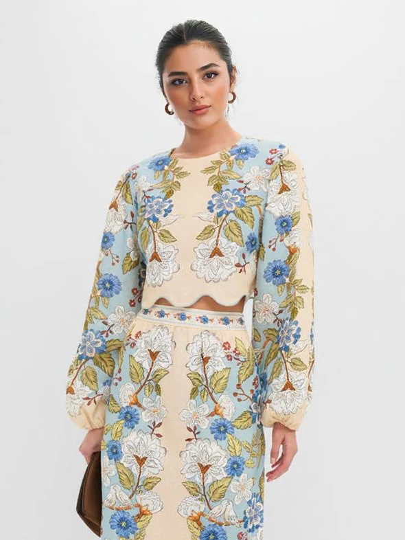 Retro Floral Embroidered Crop Top & Midi Skirt Two-Piece Set