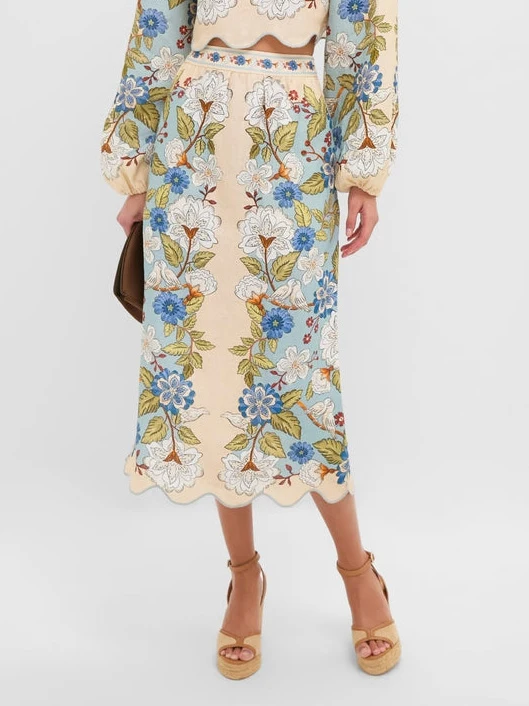 Retro Floral Embroidered Crop Top & Midi Skirt Two-Piece Set