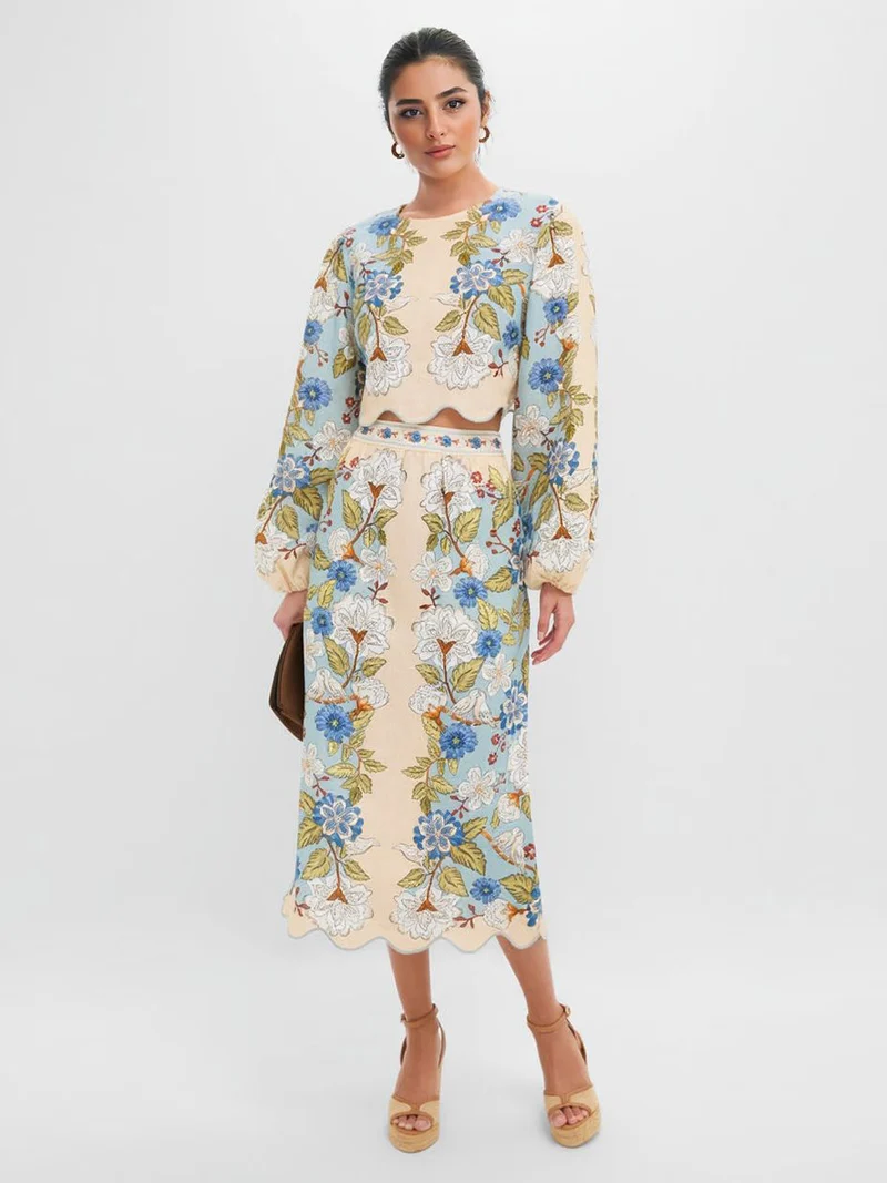 Retro Floral Embroidered Crop Top & Midi Skirt Two-Piece Set