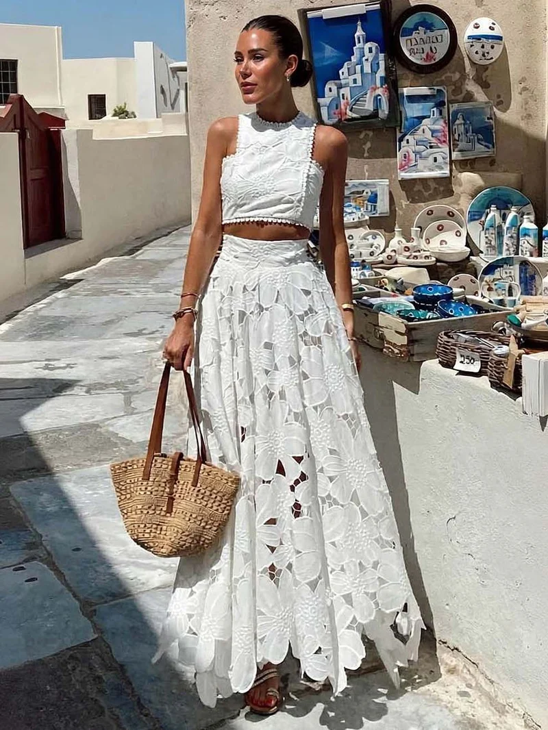 Elegant Openwork Floral Lace Short Vest Two-piece Set