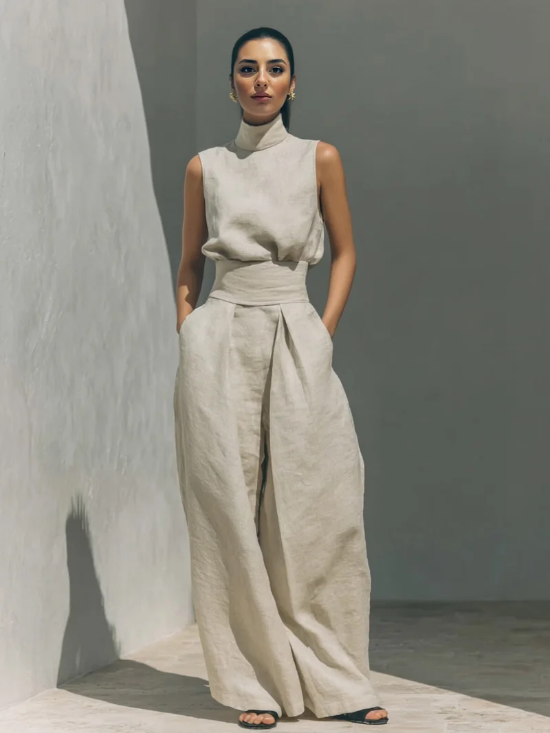 Elegant Linen High-Neck Top & Wide-Leg Pants Two-Piece Set