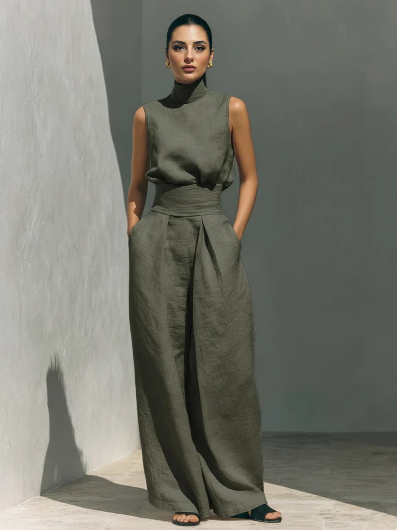 Elegant Linen High-Neck Top & Wide-Leg Pants Two-Piece Set