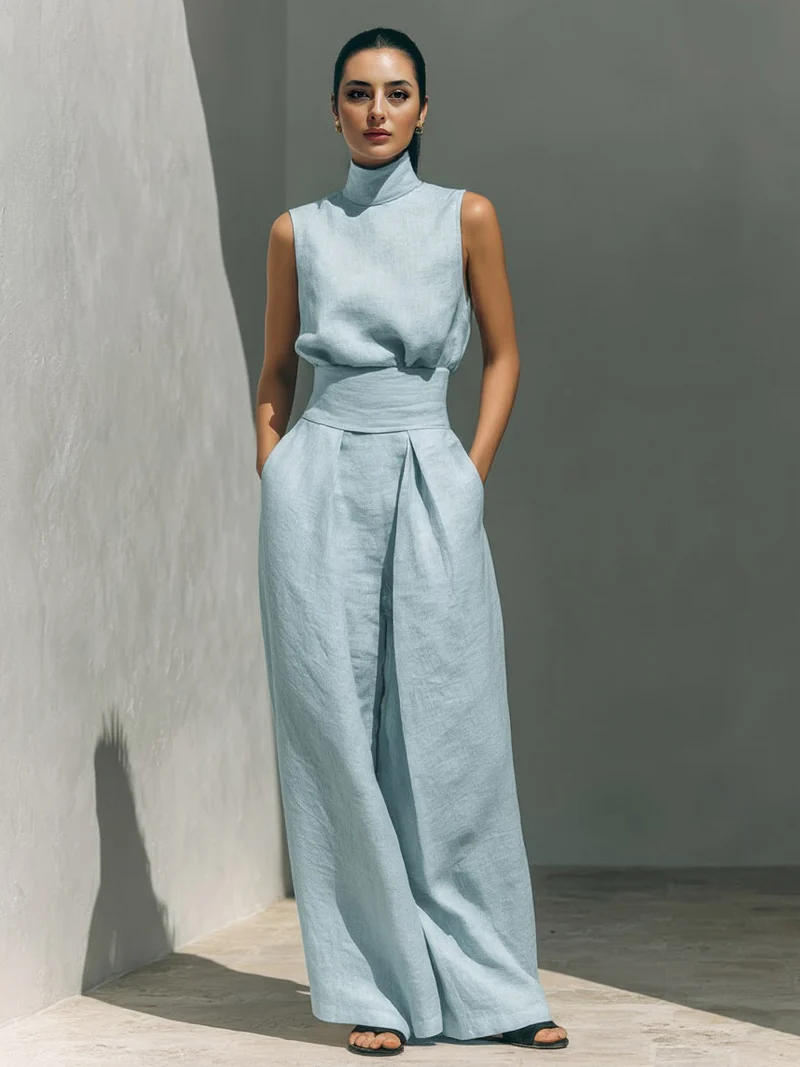 Elegant Linen High-Neck Top & Wide-Leg Pants Two-Piece Set