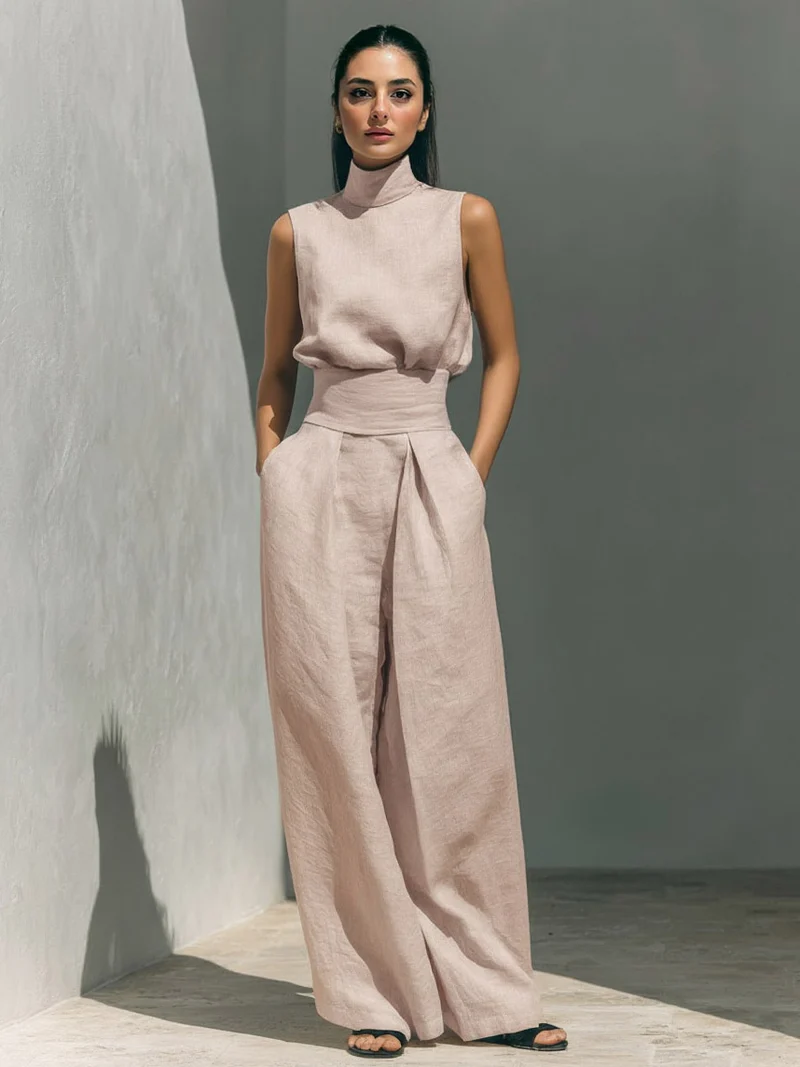 Elegant Linen High-Neck Top & Wide-Leg Pants Two-Piece Set