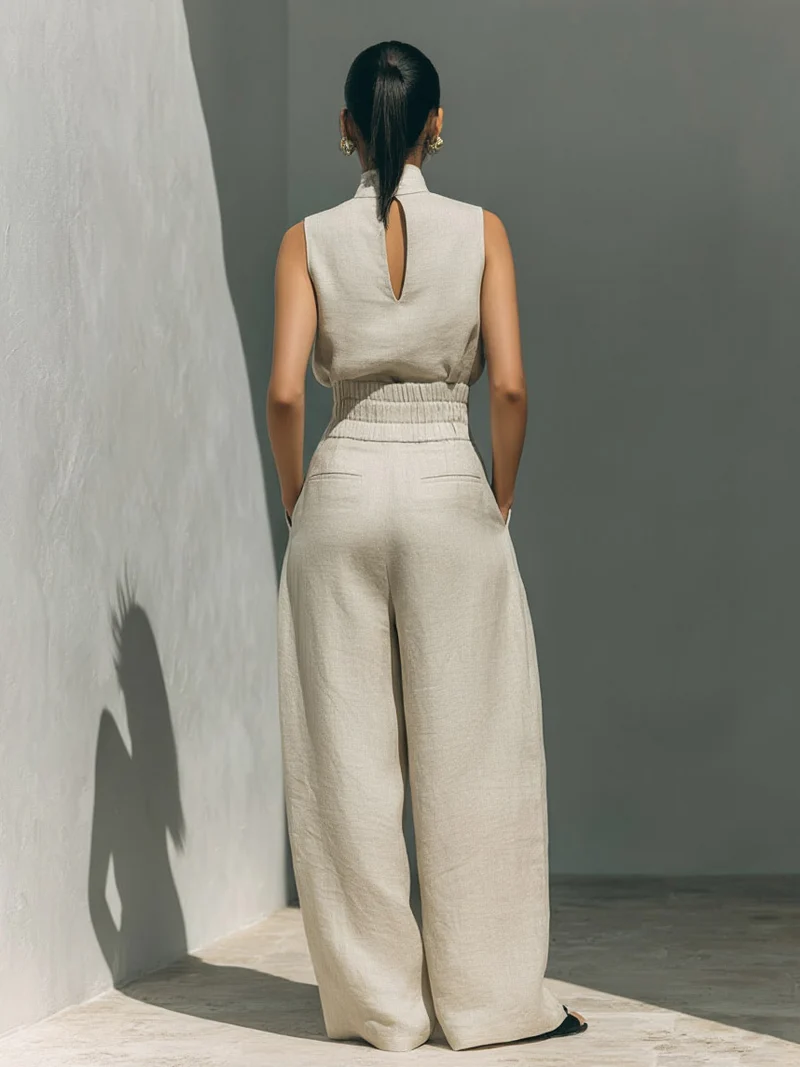 Elegant Linen High-Neck Top & Wide-Leg Pants Two-Piece Set