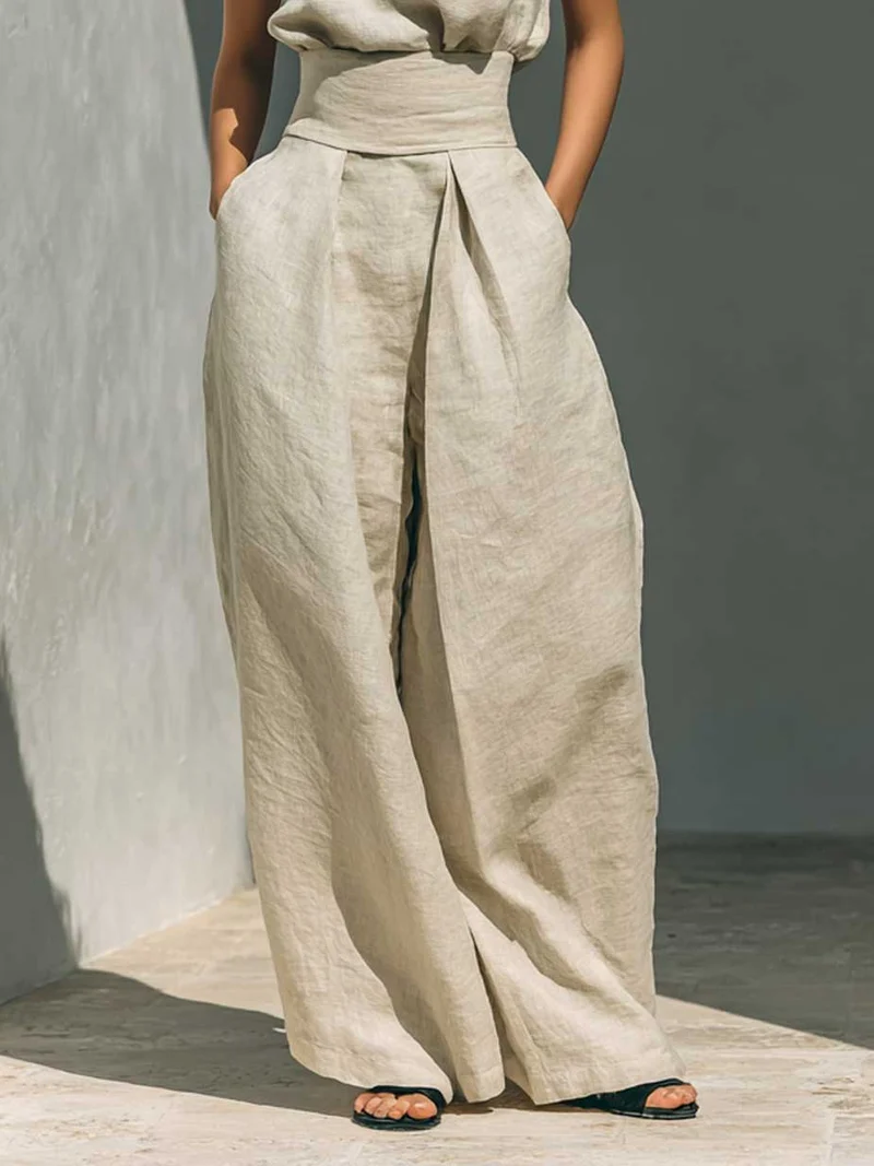 Elegant Linen High-Neck Top & Wide-Leg Pants Two-Piece Set