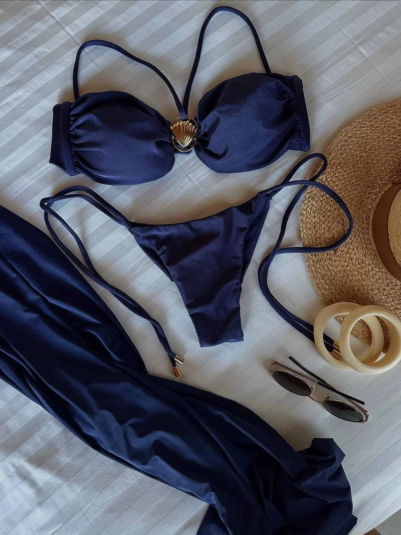 Halter Neck Bikini & Hollow-Out Maxi Cover-Up Set