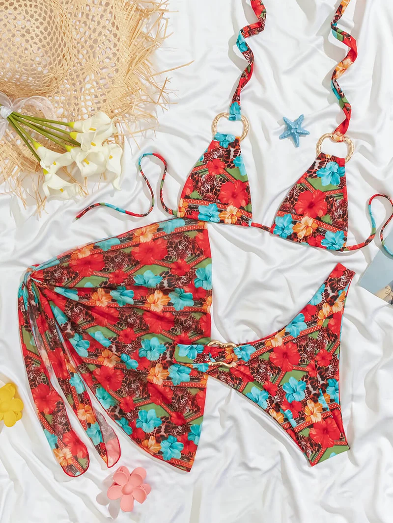 Sexy Printed Strappy Bikini Cover-up Three-Piece Set
