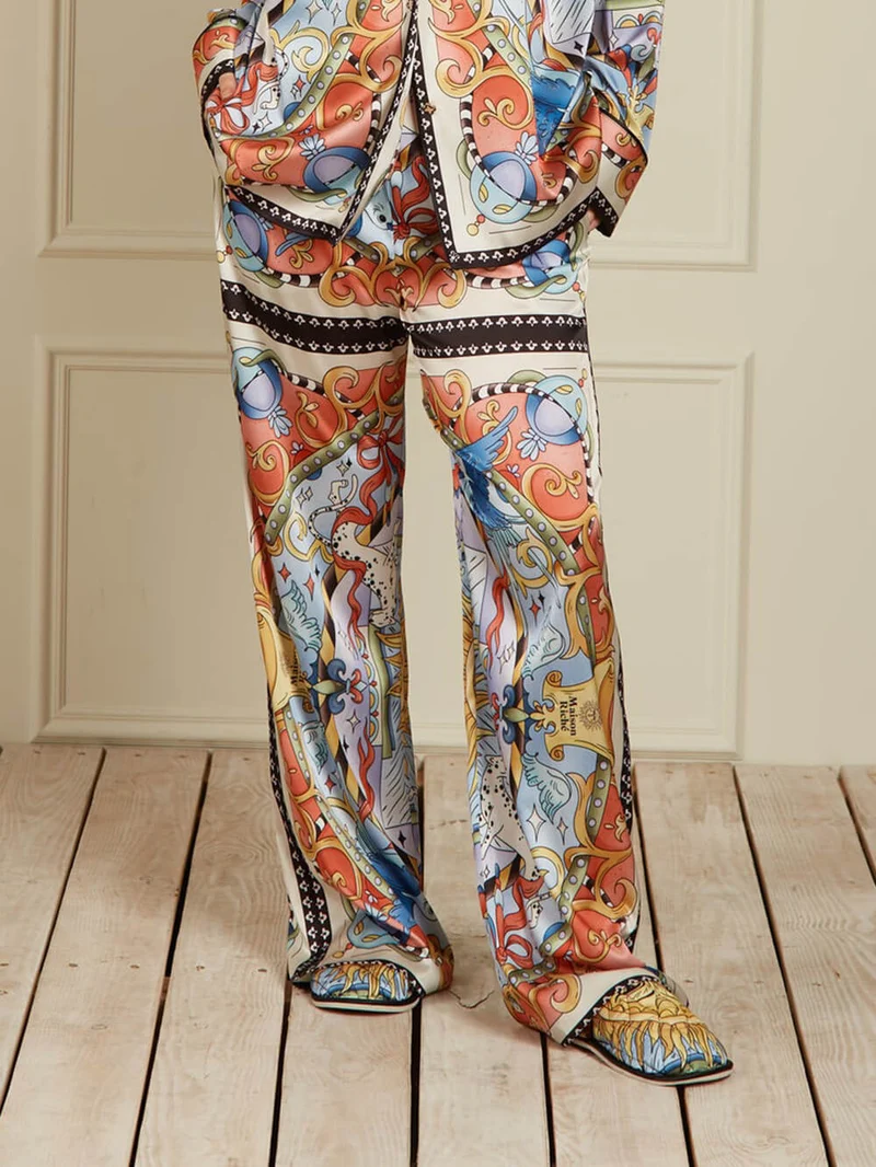 Unique Satin Sunshine Print Turn-Down Collar Loose Fit Shirt And Elastic Waist Wide Leg Pants Set