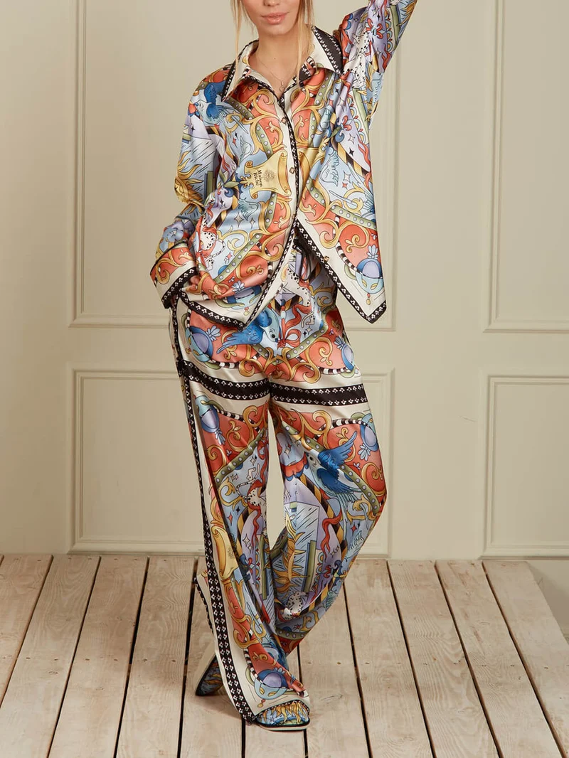 Unique Sunshine Print Collared Button-Up Loose Shirt