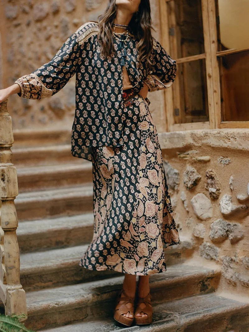 Boho Printed Draped Loose Button-Up Shirt
